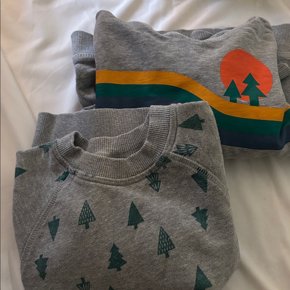 Two Hanna Anderson Gray Hoodie/ Colorful Graphic and Holiday Sweatshirt.